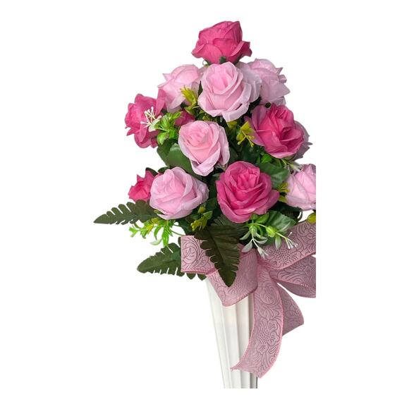 Pink Rose Memorial Arrangement in Cemetery Vase – Faux Flowers with Bow - Picture 3 of 4